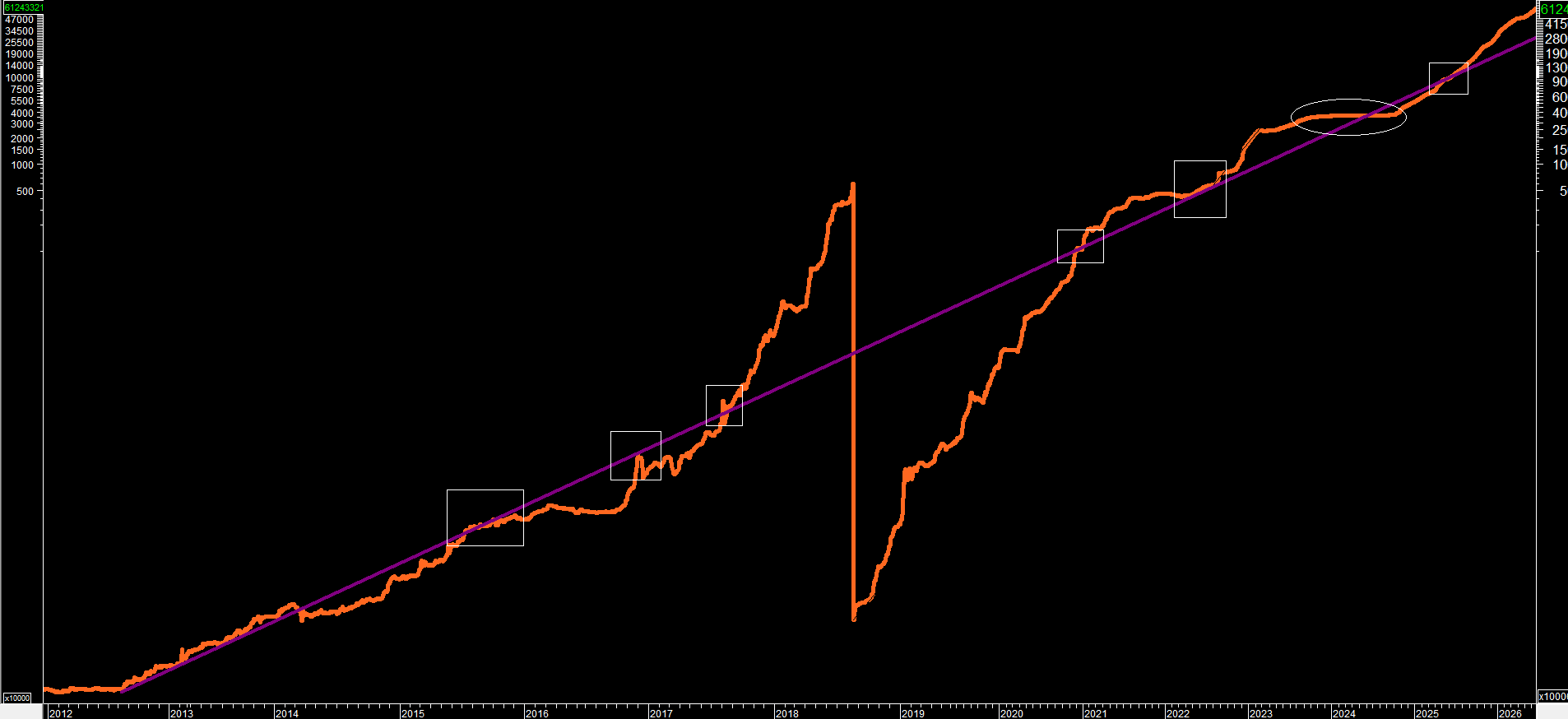 Long-term semi-log chart of the bolívar's dollar price from 2012 to 2026 with the Chavez Trendline and its seven marked market interactions across two reconversions